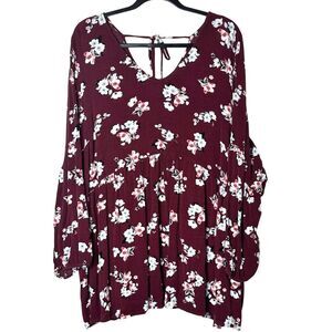 Lane Bryant Womens Maroon‎ Floral Blouse 28-28 Tie v neck Back Boho Fairycore